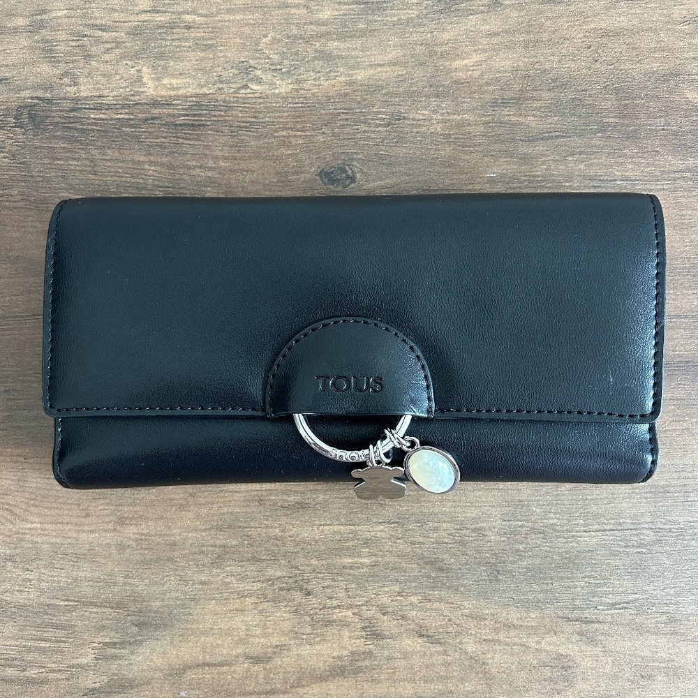 Tous | Black Leather Clutch / Wallet / Card Holder | Pearl and Teddy Bear Charms